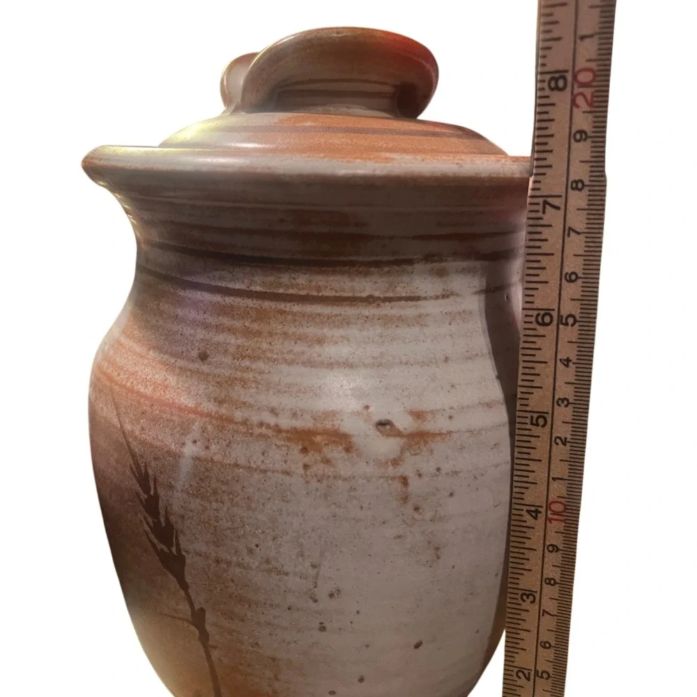 Vintage Studio Pottery Signed Wheat Canister Lidded Jar Terracotta Rustic 8in